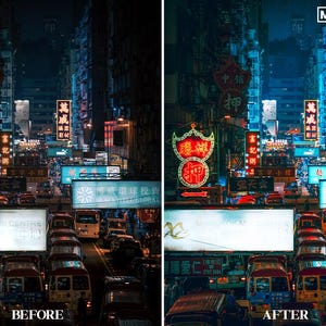 May include: A before and after image showing the effect of a photo filter. The before image is a night scene of a busy street in Hong Kong with neon signs and traffic. The after image is the same scene with a blue filter applied, making the colors more vibrant and the overall image brighter.