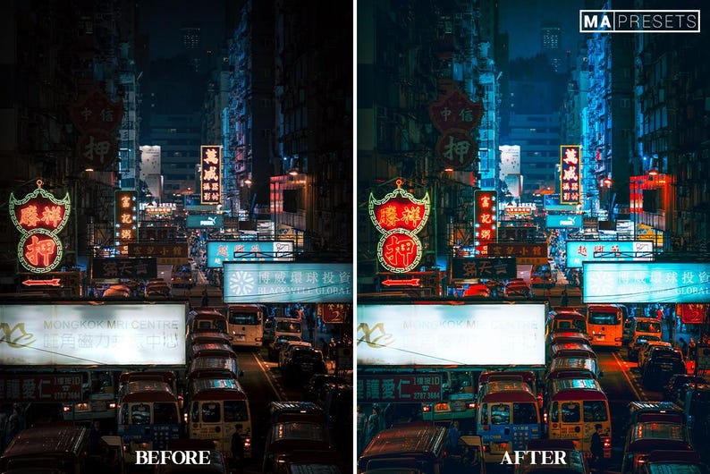 May include: A before and after image showing the effect of a photo filter. The before image is a night scene of a busy street in Hong Kong with neon signs and traffic. The after image is the same scene with a blue filter applied, making the colors more vibrant and the overall image brighter.