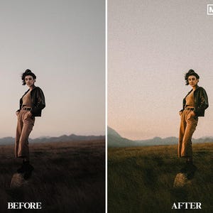 May include: A person wearing a brown jacket and pants stands in a field with a mountain range in the background. The image on the right shows the same scene with a vintage filter applied.