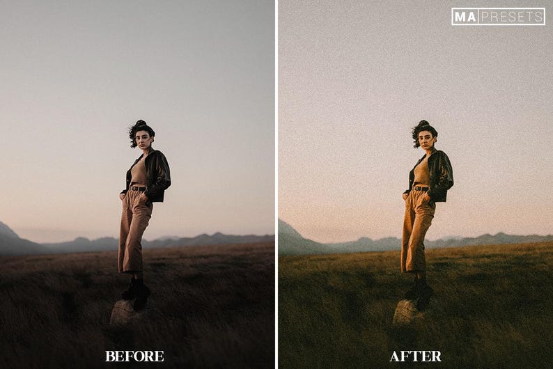 May include: A person wearing a brown jacket and pants stands in a field with a mountain range in the background. The image on the right shows the same scene with a vintage filter applied.