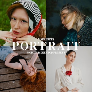 May include: A collage of four images featuring different people wearing various clothing styles. The images are arranged in a grid pattern. The text "MAPRESETS" and "PORTRAIT" are displayed in white text on a black background. The text "MOBILE & DESKTOP PRESETS" is displayed in white text on a black background.