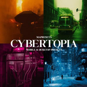 10 Cybertopia Film Voreinstellungen | Neon Lichter, Cyberpunk Filter, Night City, Tokyo Streets, Brillanter, sauberer Look für Mobile & Desktop