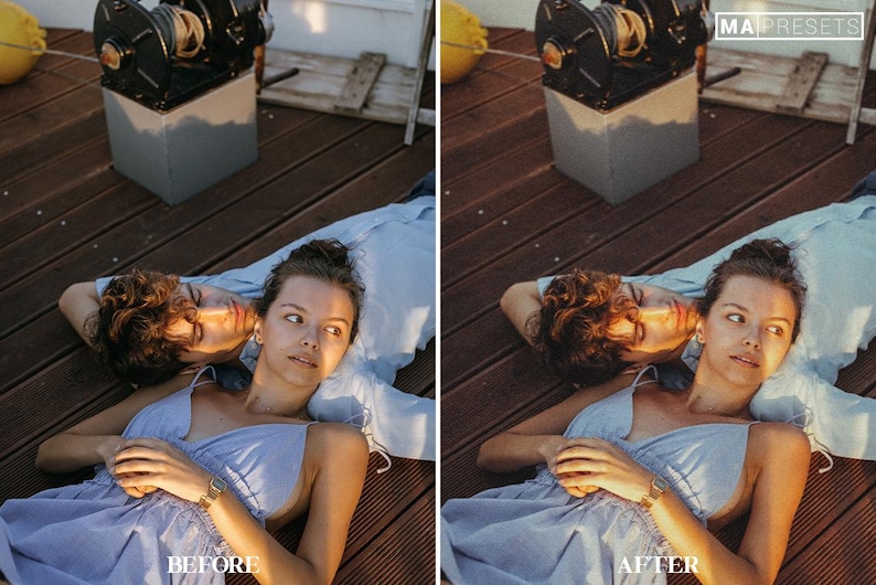 May include: A couple lying on a wooden deck, the woman in a light blue dress and the man in a light blue shirt. The woman is looking at the camera and the man is resting his head on her shoulder. The image is warm and inviting.
