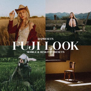Puede incluir: Imagen de cuatro paneles con una mujer en un campo, una mujer con un gato en un banco, una persona en un campo y una silla. El texto "MAPRESETS FUJI LOOK MOBILE & DESKTOP PRESETS" está superpuesto.