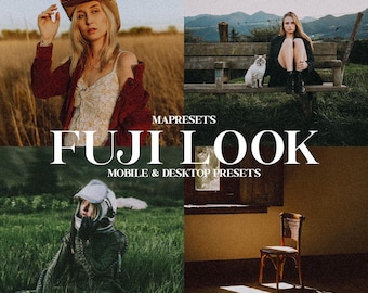 May include: A four-panel image featuring a woman in a field, a woman with a cat on a bench, a person in a field, and a chair. The text "MAPRESETS FUJI LOOK MOBILE & DESKTOP PRESETS" is overlaid on the image.
