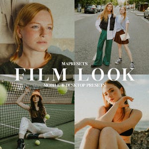 May include: A collage featuring four images with a film aesthetic. The text "FILM LOOK" and "MOBILE & DESKTOP PRESETS" are overlaid. The images include portraits of people and lifestyle shots, with a tennis court scene.