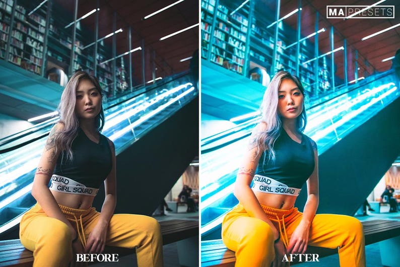May include: A woman wearing a black crop top with the text "Girl Squad" in white, yellow pants, and long, straight, light gray hair. She is sitting on a bench in a modern building with a glass escalator in the background.