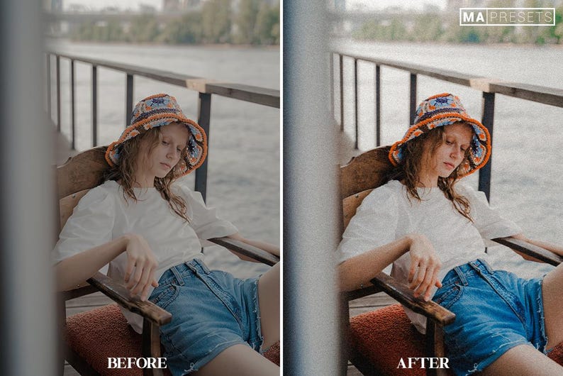May include: A person wearing a colorful crocheted bucket hat, a white t-shirt, and blue denim shorts sits on a wooden chair. The person is looking down and has their hands in their lap. The chair is on a wooden deck with a railing in the background.