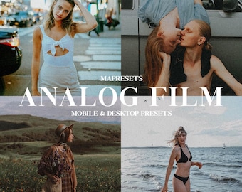 May include: A collage of four images showcasing different photo editing presets. The first image shows a woman in a white tank top standing on a city street. The second image shows a couple embracing in a car. The third image shows a person wearing a plaid shirt and a hat standing in a field. The fourth image shows a person in a swimsuit standing in the ocean. The text "MAPRESETS ANALOG FILM MOBILE & DESKTOP PRESETS" is displayed in the center of the collage.