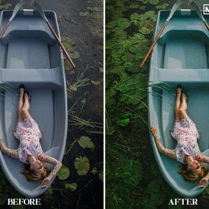 May include: A woman in a floral dress lies in a blue rowboat on a lake. The boat is surrounded by green lily pads and reeds. The water is dark and murky.