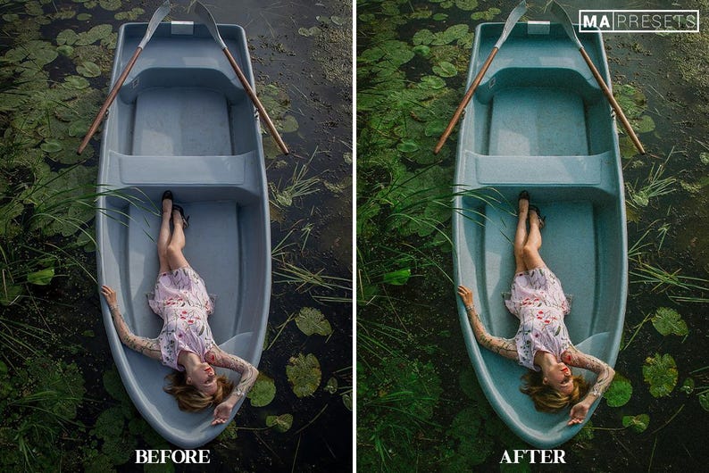 May include: A woman in a floral dress lies in a blue rowboat on a lake. The boat is surrounded by green lily pads and reeds. The water is dark and murky.