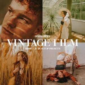 Puede incluir: Un collage de cuatro imágenes que muestran una estética de película vintage. La imagen superior izquierda presenta un primer plano de la cara de una persona. La imagen superior derecha muestra a una persona con una camisa blanca y un sombrero de pie en un invernadero. La imagen inferior izquierda muestra a una persona con una chaqueta marrón de pie en un campo de hierba alta. La imagen inferior derecha muestra a una persona con una camisa y pantalones marrones acostada en el suelo.