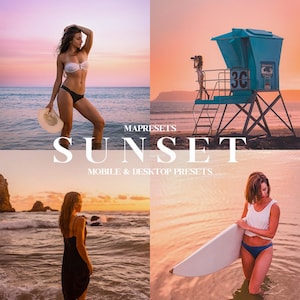 10 ajustes preestablecidos de Lightroom para dispositivos móviles y computadoras de escritorio para ATARDECER / Filtros de hora dorada cálida, look de atardecer con luz suave, ambiente playero de verano, tonos vibrantes de viaje