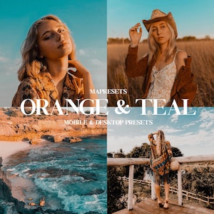 10 Orange & Teal Lightroom Presets | Blogger, Summer, Beach Travel Filters, Cinematic Teal Orange Tones for Mobile and Desktop