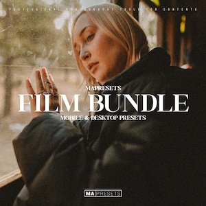 May include: A woman with blonde hair looks out a window. The image features the text "FILM BUNDLE" in large white letters, with "MOBILE & DESKTOP PRESETS" below. The top of the image reads "PROFESSIONAL PHOTOGRAPHY TOOLS FOR CONTENTS". The bottom of the image has the text "MAPRESETS".