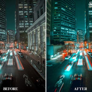 May include: A night time city scene with tall buildings and a street with cars driving through it. The street is lit up with bright lights and the buildings are reflected in the wet pavement. The image is split into two sections, with the left side showing the scene before a photo editing filter is applied and the right side showing the scene after the filter is applied.