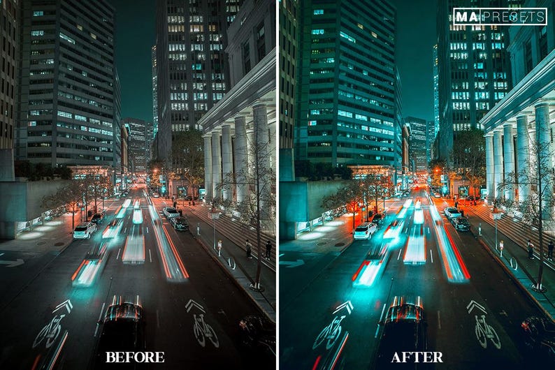May include: A night time city scene with tall buildings and a street with cars driving through it. The street is lit up with bright lights and the buildings are reflected in the wet pavement. The image is split into two sections, with the left side showing the scene before a photo editing filter is applied and the right side showing the scene after the filter is applied.