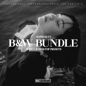 May include: Black and white photograph of a person lying on the ground. The text "MAPRESETS B&W BUNDLE MOBILE & DESKTOP PRESETS" is superimposed on the image. The text "MA PRESETS" is at the bottom of the image.