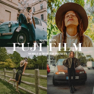 Puede incluir: Un collage de cuatro imágenes con personas que llevan sombreros y ropa vintage. Las imágenes tienen como fondo una calle de la ciudad, un campo verde y un bosque. El texto "MAPRESETS FUJIFILM MOBILE & DESKTOP PRESETS" se muestra en el centro del collage.