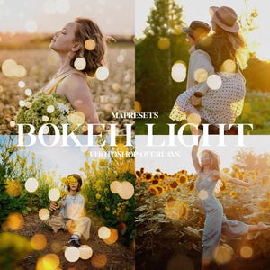 May include: A collection of four images featuring bokeh light effects. The images show a woman holding flowers, a couple in a field, a child in a field, and a woman jumping in a field.