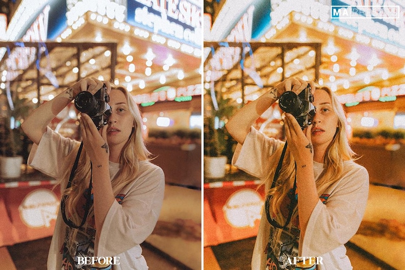 May include: A person taking a photo with a vintage camera in front of a brightly lit building with a sign that says "Eat Fresh".