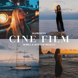 以下が含まれることがあります： 映画をテーマにした4つの画像のコラージュ。「MAPRESETS CINE FILM MOBILE & DESKTOP PRESETS」というテキストが重ねられています。画像には、マッチを持った女性、トーチを持った女性、ヨット、ビーチの女性が含まれています。