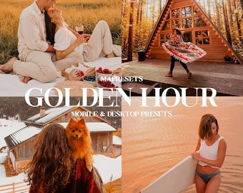 10 ajustes preestablecidos de Lightroom para la hora dorada: tonos cálidos de atardecer, luz solar brillante y filtros de exterior con brillo suave para dispositivos móviles y computadoras de escritorio.