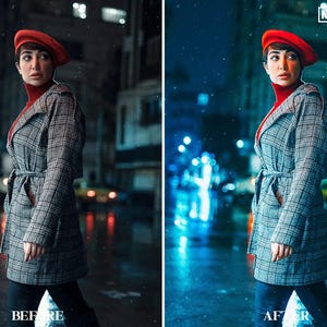 May include: A woman wearing a red beret and a plaid coat walks down a city street at night. The street is wet and there are lights reflecting off the puddles.