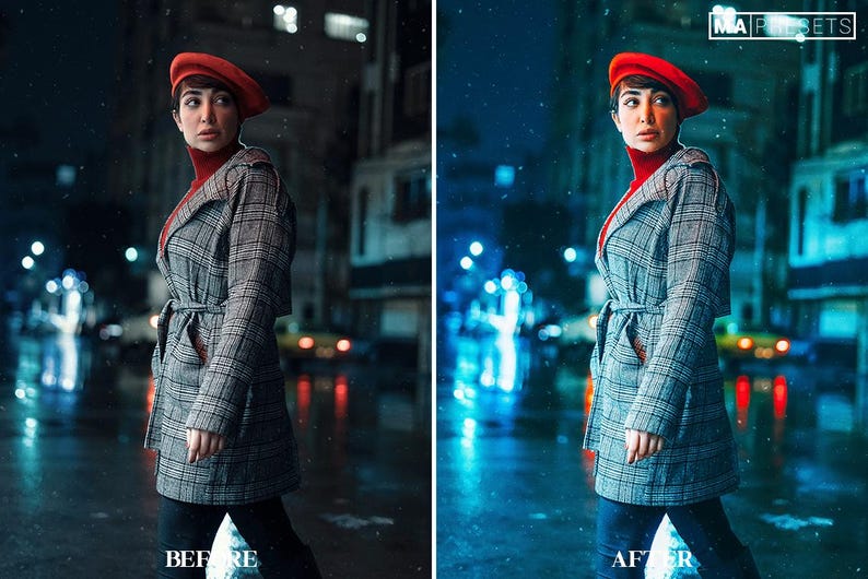 May include: A woman wearing a red beret and a plaid coat walks down a city street at night. The street is wet and there are lights reflecting off the puddles.