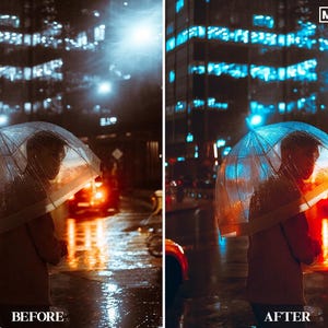 May include: A person walking in the rain at night, holding a clear umbrella. The city lights reflect in the wet pavement.