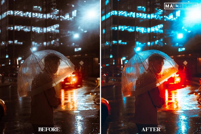 May include: A person walking in the rain at night, holding a clear umbrella. The city lights reflect in the wet pavement.