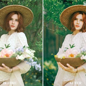 May include: A woman wearing a wide-brimmed straw hat and a white dress holds a bowl of flowers. The flowers are a mix of pink, white, and blue. The background is a blurred green.