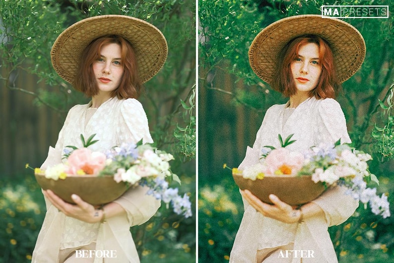 May include: A woman wearing a wide-brimmed straw hat and a white dress holds a bowl of flowers. The flowers are a mix of pink, white, and blue. The background is a blurred green.