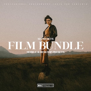 May include: A person stands in a field, wearing a black jacket and tan trousers. The image features the text "FILM BUNDLE" with "MOBILE & DESKTOP PRESETS" below it. The words "MA PRESETS" are also visible.