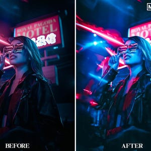 May include: A woman wearing a black leather jacket and sunglasses stands in front of a neon sign that reads "Royal Pagoda Motel". The sign is lit in red and blue neon lights. The woman is looking to the right, and her hair is long and dark.