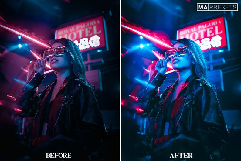 May include: A woman wearing a black leather jacket and sunglasses stands in front of a neon sign that reads "Royal Pagoda Motel". The sign is lit in red and blue neon lights. The woman is looking to the right, and her hair is long and dark.