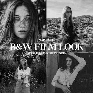 May include: Black and white image featuring four panels with women in various outdoor settings. The text "MAPRESETS" and "B&W FILM LOOK" are visible, along with "MOBILE & DESKTOP PRESETS". The image showcases a photography theme.
