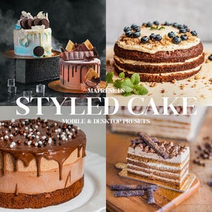 Peut inclure: Quatre gâteaux différents, chacun avec un style et un design uniques. Les gâteaux sont décorés de chocolat, de pépites et de fruits. L'image est intitulée "Styled Cake Mobile & Desktop Presets".