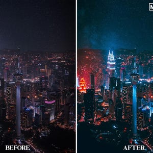 May include: A before and after image showing the effect of a photo filter on a night cityscape. The before image shows a dark cityscape with a few lights. The after image shows a vibrant cityscape with blue and red lights.
