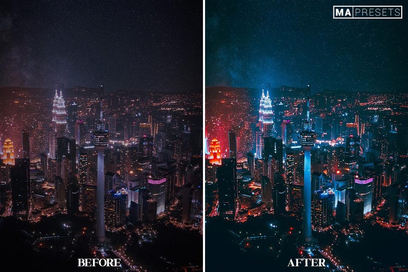 May include: A before and after image showing the effect of a photo filter on a night cityscape. The before image shows a dark cityscape with a few lights. The after image shows a vibrant cityscape with blue and red lights.