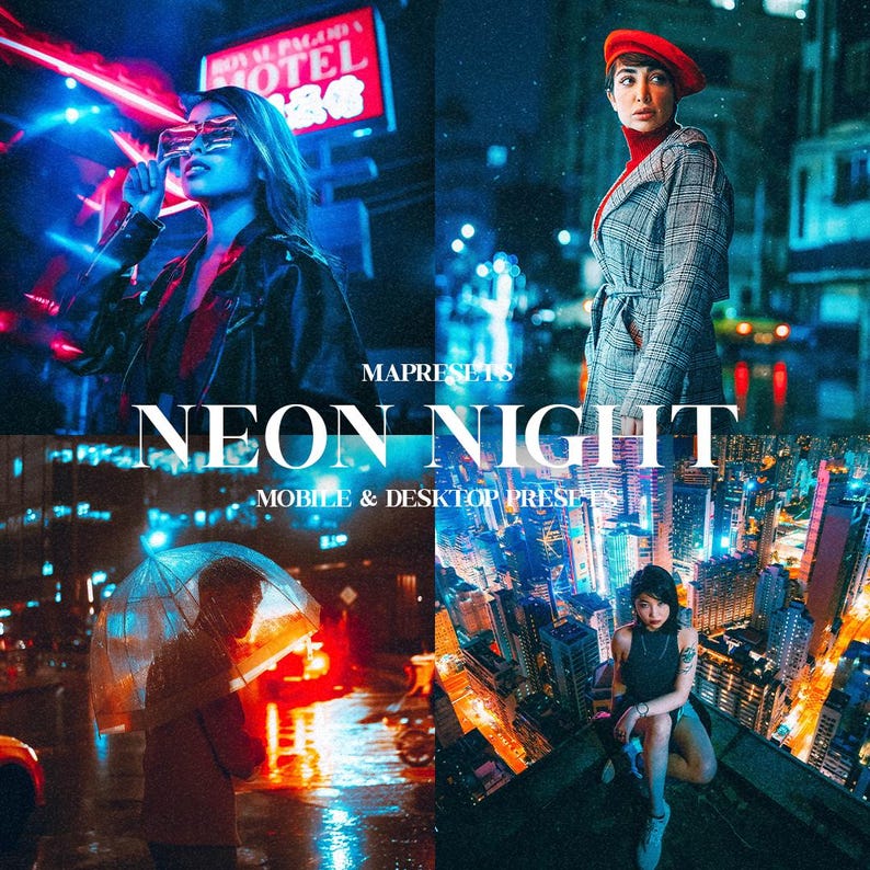 May include: A collage of four images showcasing neon night cityscapes. The first image features a woman in a leather jacket standing in front of a neon sign that reads "Hotel". The second image shows a woman in a plaid coat standing in a city street with neon lights. The third image shows a person holding a clear umbrella walking in a city street with neon lights reflecting on the wet pavement. The fourth image shows a woman sitting on a rooftop overlooking a city skyline with neon lights.