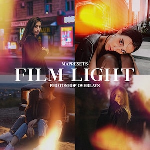 Könnte beinhalten: Eine Sammlung von vier Photoshop-Overlays mit einem Vintage-Filmlichteffekt. Die Overlays sind in einem Collage-Format mit verschiedenen Personen und Hintergründen. Der Text "MAPRESETS FILM LIGHT PHOTOSHOP OVERLAYS" befindet sich in der Mitte der Collage.