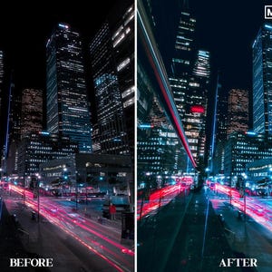 May include: A before and after image showing the effect of a photo editing preset. The before image shows a dark, city street scene with tall buildings and car headlights. The after image shows the same scene with a blue and teal color filter applied, making the image brighter and more vibrant.