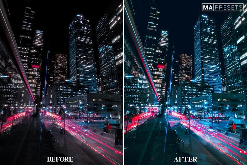 May include: A before and after image showing the effect of a photo editing preset. The before image shows a dark, city street scene with tall buildings and car headlights. The after image shows the same scene with a blue and teal color filter applied, making the image brighter and more vibrant.
