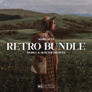 May include: A digital product advertisement featuring a person in a brown hat and plaid dress holding a bouquet of flowers in a field. The text reads: PROFESSIONAL PHOTOGRAPHY TOOLS FOR CONTENTS, MAPRESETS RETRO BUNDLE MOBILE & DESKTOP PRESETS, MA PRESETS.
