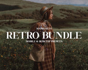 May include: A digital product advertisement featuring a person in a brown hat and plaid dress holding a bouquet of flowers in a field. The text reads: PROFESSIONAL PHOTOGRAPHY TOOLS FOR CONTENTS, MAPRESETS RETRO BUNDLE MOBILE & DESKTOP PRESETS, MA PRESETS.