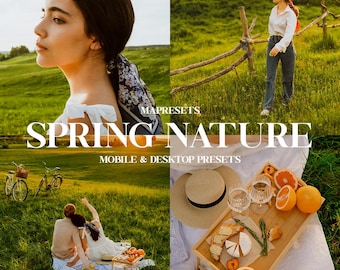 May include: A collage of images featuring a woman in a field, a couple on a picnic blanket, and a table setting with fruit and cheese. The text "MAPRESETS SPRING NATURE MOBILE & DESKTOP PRESETS" is displayed on the collage.