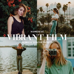 May include: A four-image collage with the text "VIBRANT FILM" and "MOBILE & DESKTOP PRESETS." The images depict various lifestyle scenes, including a person with a camera and another posing by water, suggesting a photography theme.