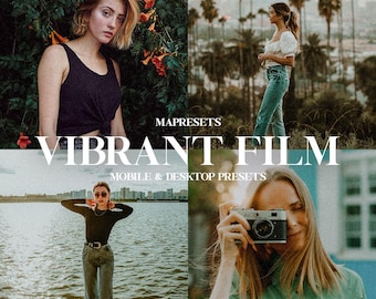 May include: A collage featuring four lifestyle images with the text "VIBRANT FILM" and "MOBILE & DESKTOP PRESETS." The images showcase diverse settings and people, including a woman with a camera and another posing near water.