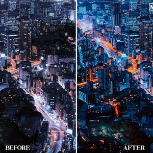 May include: A before and after image showing the effect of a photo editing preset on a night time cityscape. The before image is dark and the after image has more vibrant colors and highlights.